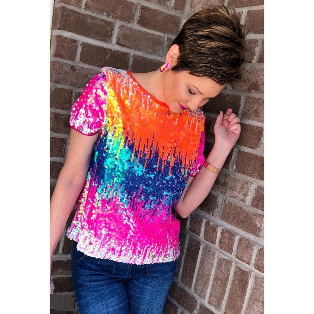 Anthropologie Eva Franco Sequin Short Sleeve Multicolored Tee Shirt